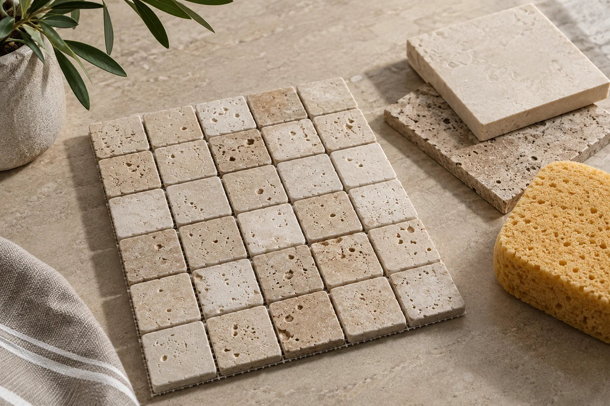 Travertine mosaic and natural stone samples with a sponge