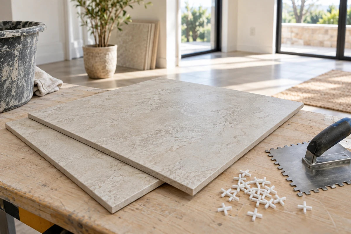 Porcelain tile and spacers with a trowel on a pale workbench