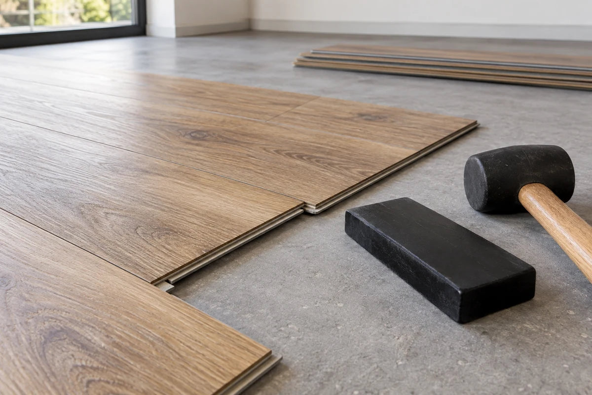 Oak-look luxury vinyl planks and a tapping block