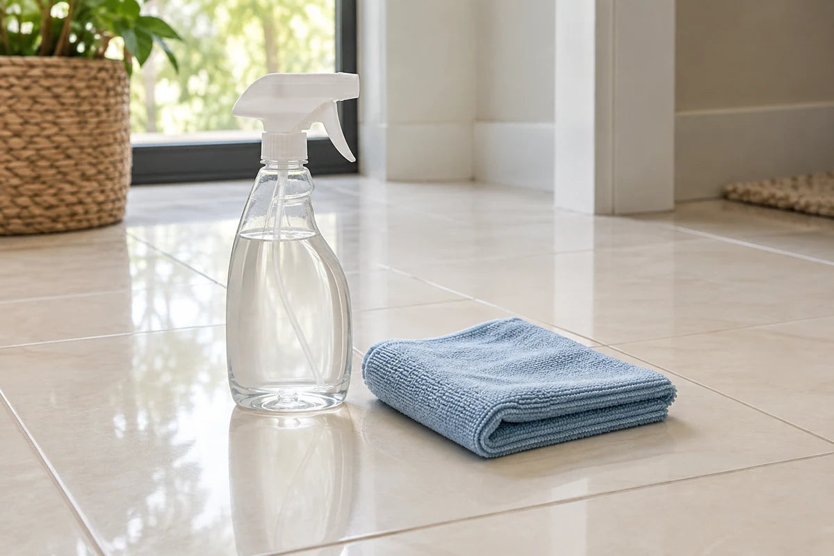Microfiber cloth and spray bottle on a tiled floor