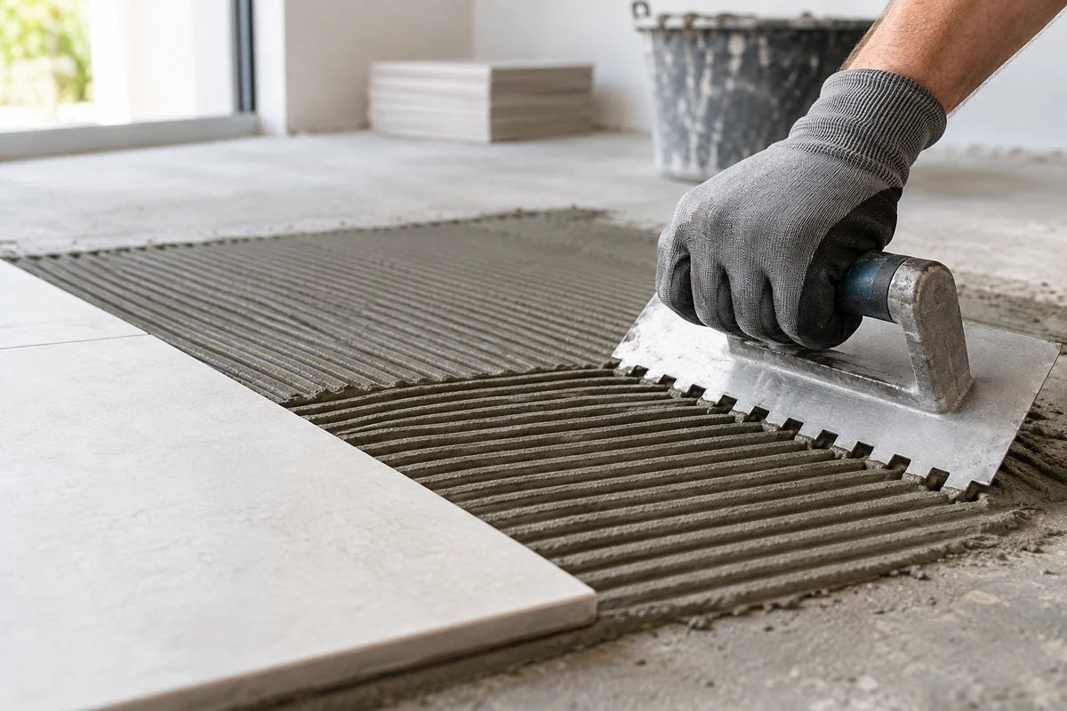 Gloved installer combing straight thinset ridges