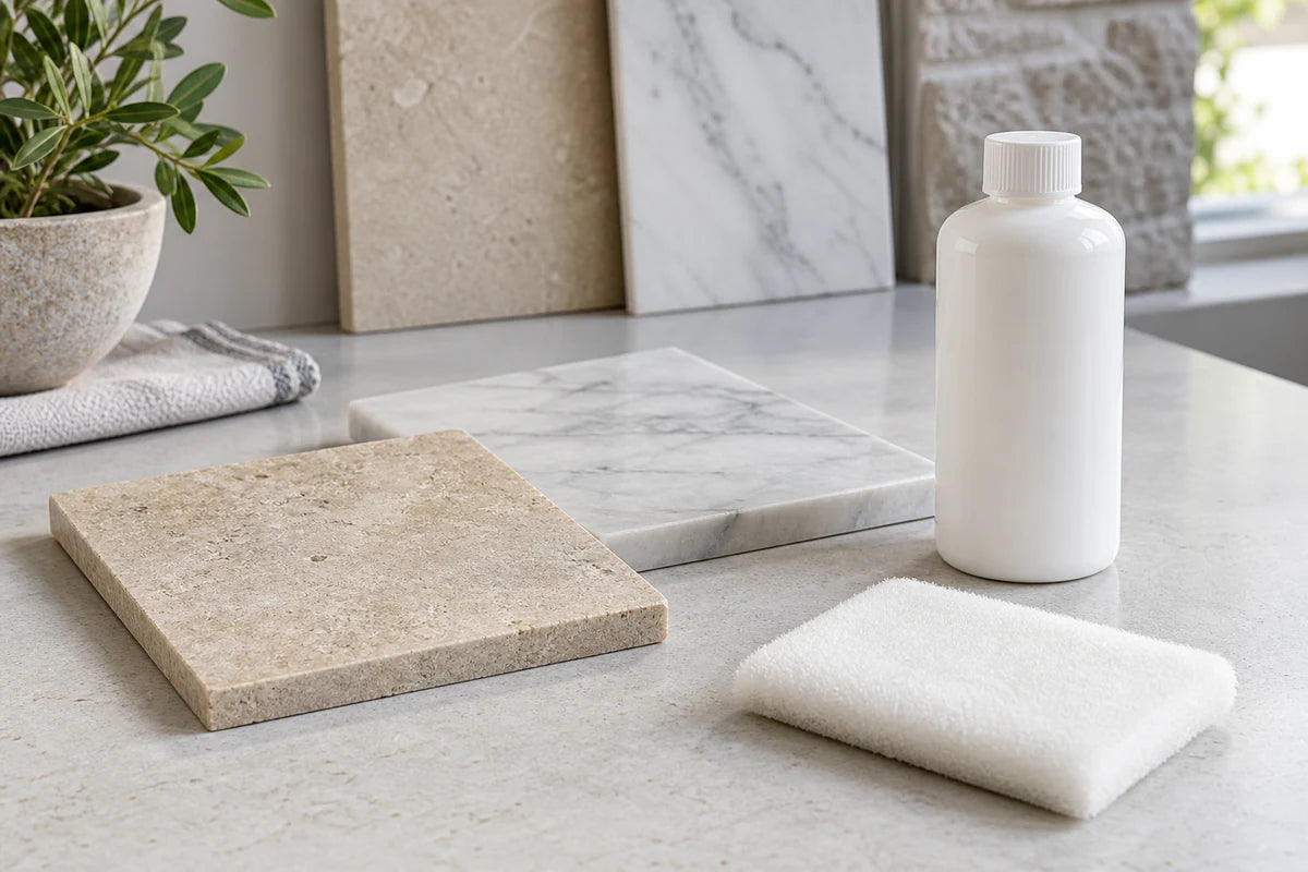 Stone sealer supplies and honed limestone sample