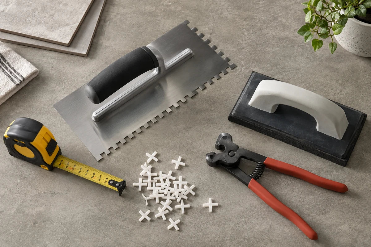 Tile-setting tools arranged on a workshop table
