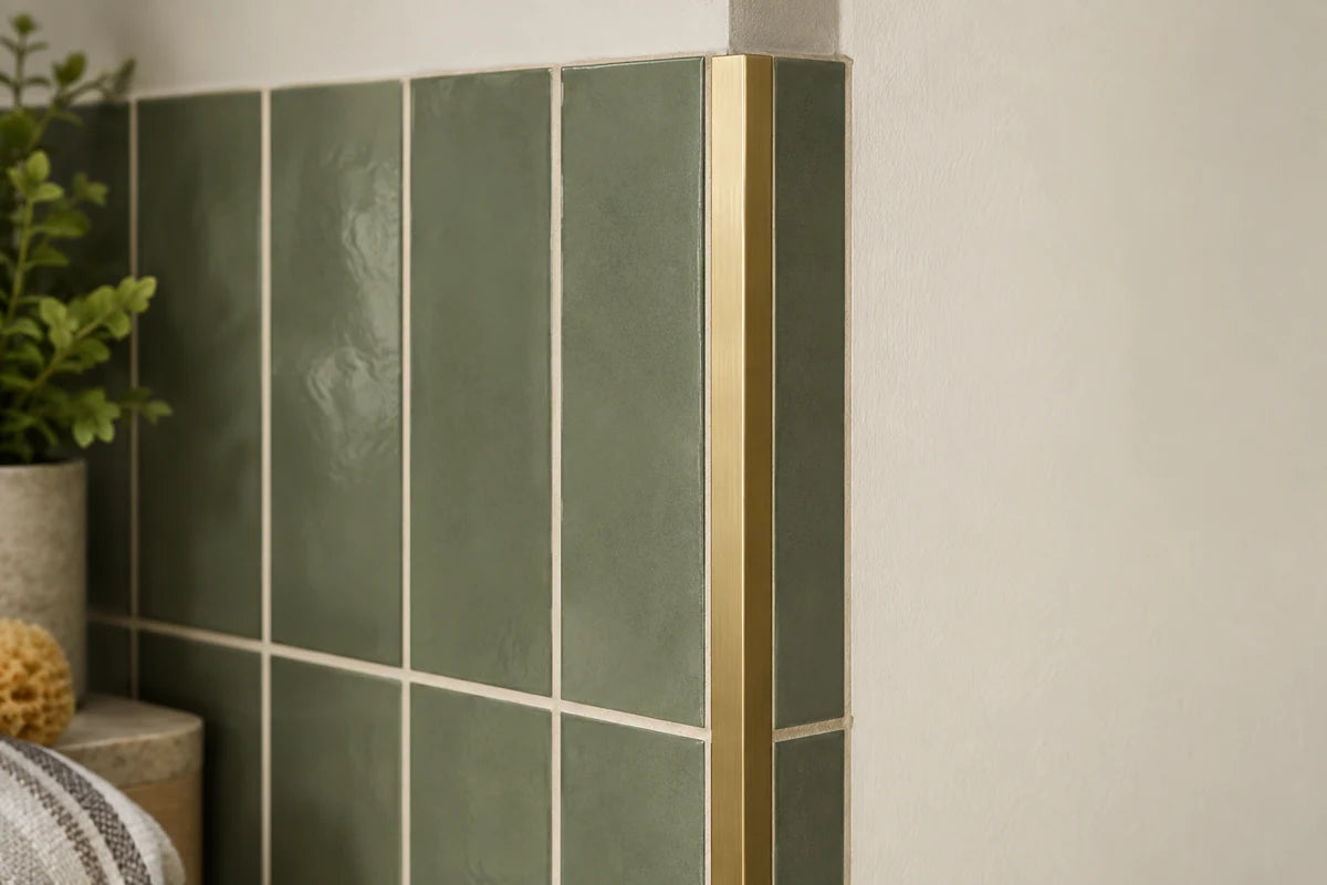 Brass tile edge profile finishing a green tiled wall