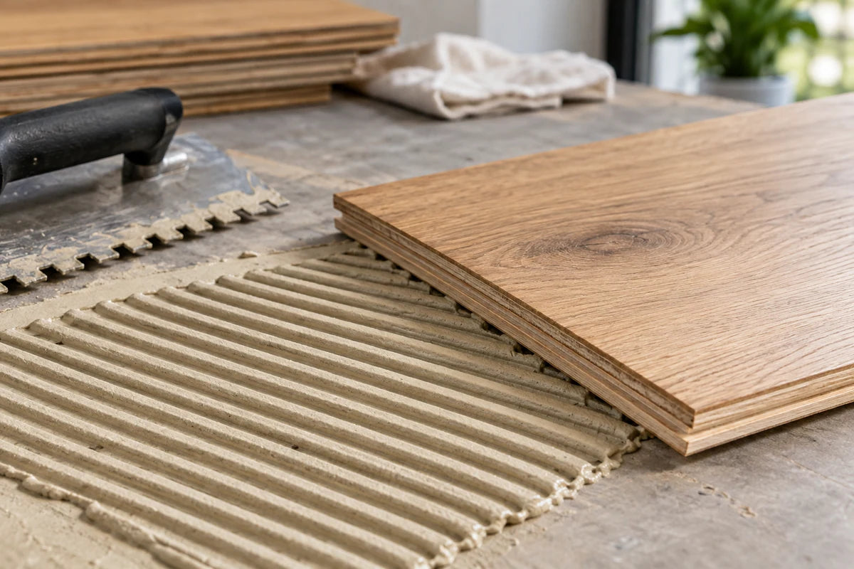 Small wood adhesive trowel beside engineered flooring