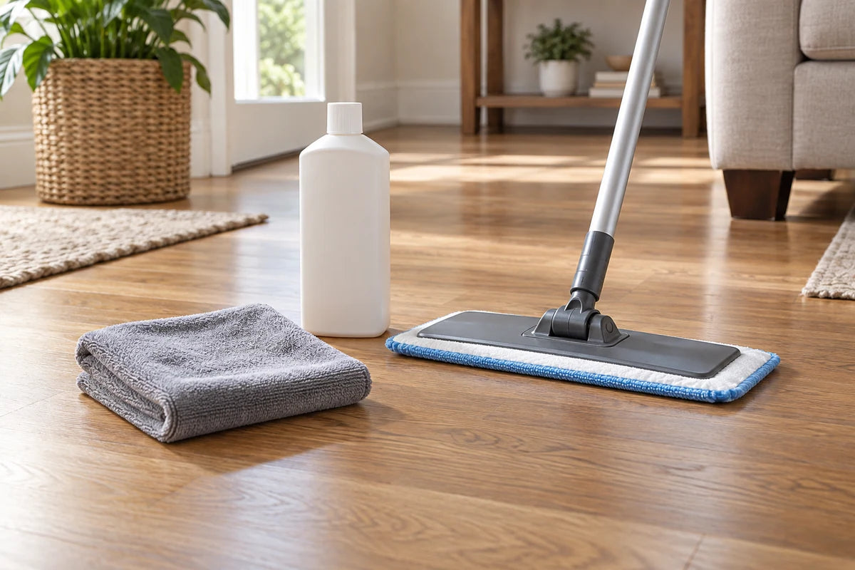 Floor-care cloth and plain cleaner bottle on oak flooring
