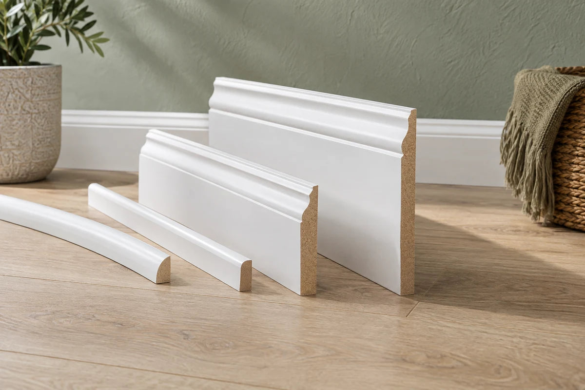 White molding profiles ready for a flooring project