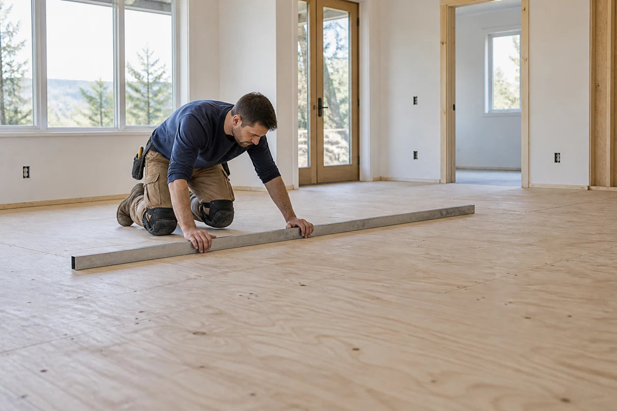 Installer checking subfloor flatness with a straightedge