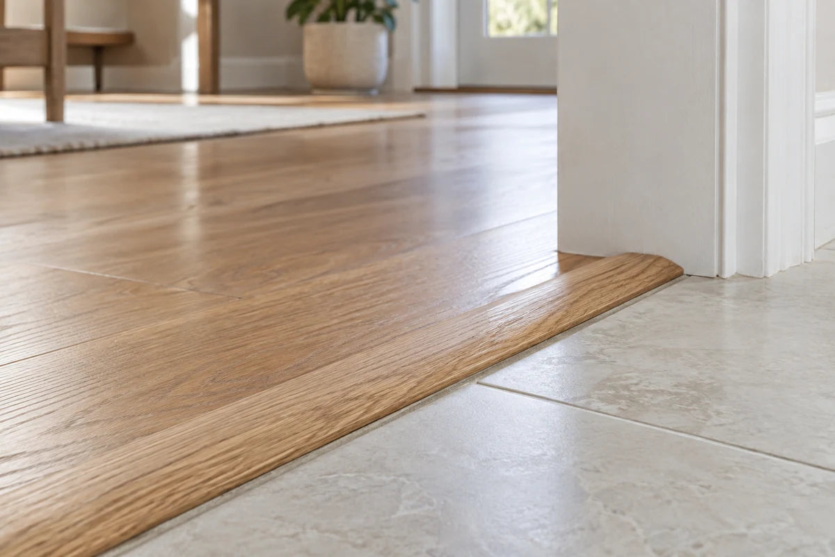 Oak reducer strip at a finished doorway