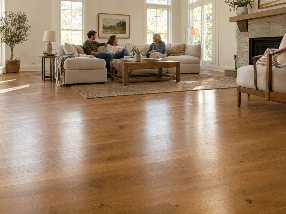 A relaxed multigenerational family of three adults chatting on a linen sofa in a sunlit American living room with gorgeous warm oak hardwood flooring