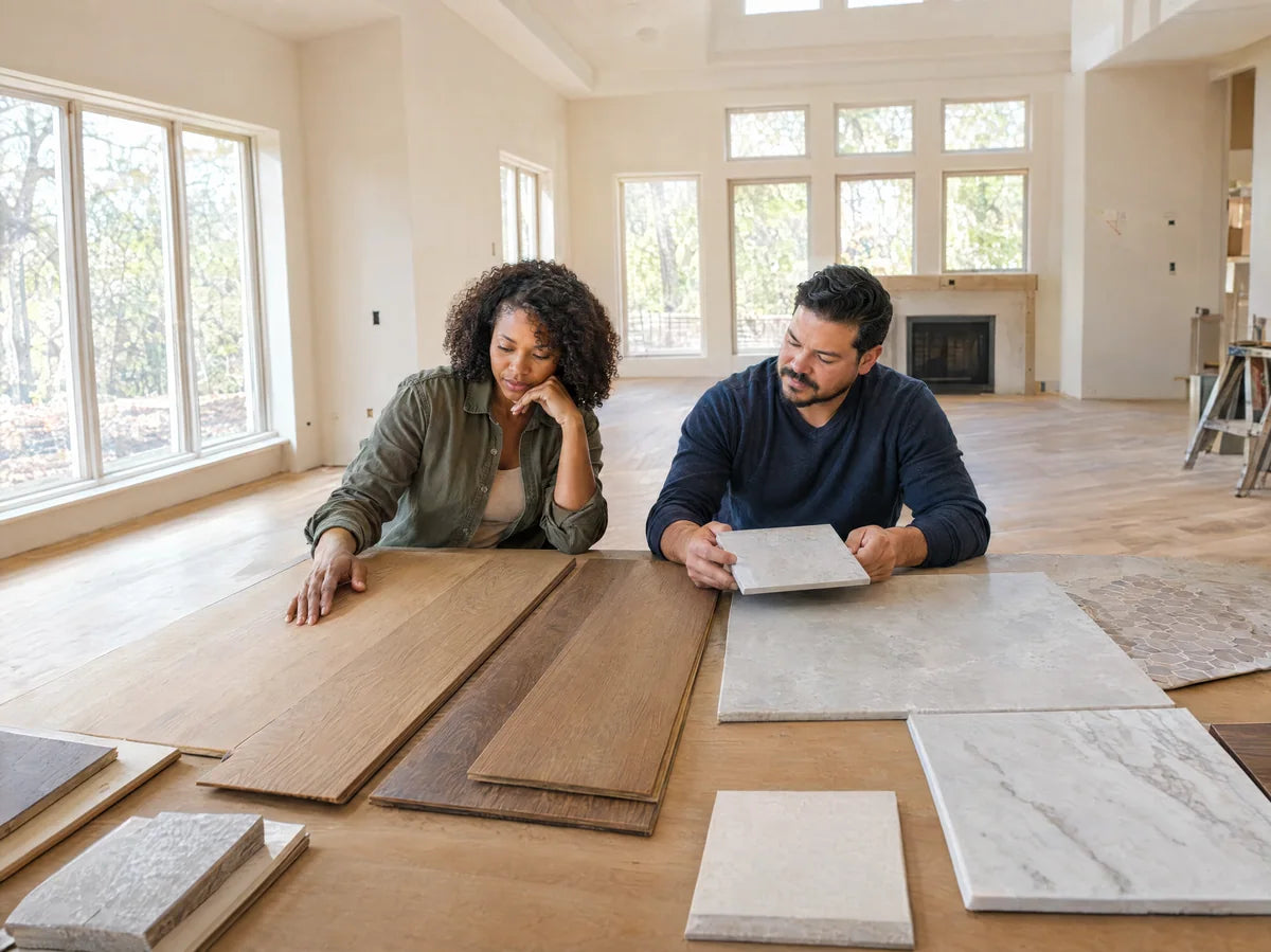 Two adult homeowners, a Black woman and a Latino man in their thirties, casually comparing oak flooring and porcelain tile samples at a large table in their own bright unfinished living room