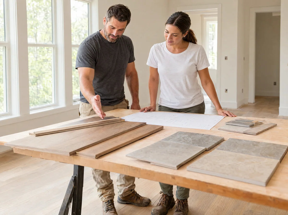Two adult renovation professionals in clean plain work clothes and closed-toe work boots reviewing flooring samples and a blank plan on a workbench in a bright empty home