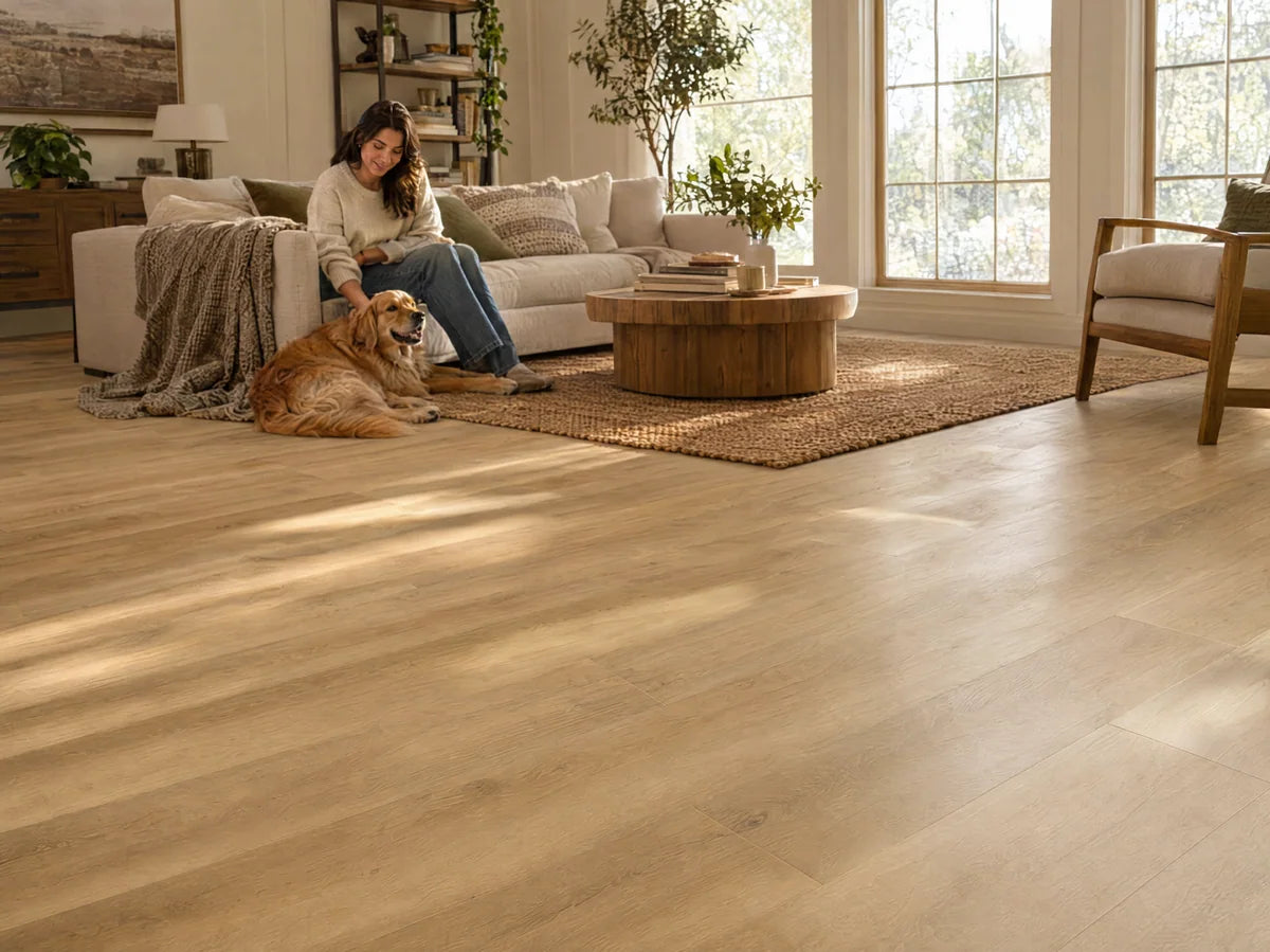 An adult woman in casual weekend clothes sitting on a low sofa with a relaxed dog at her feet in a warm living room with blonde oak-look vinyl plank flooring