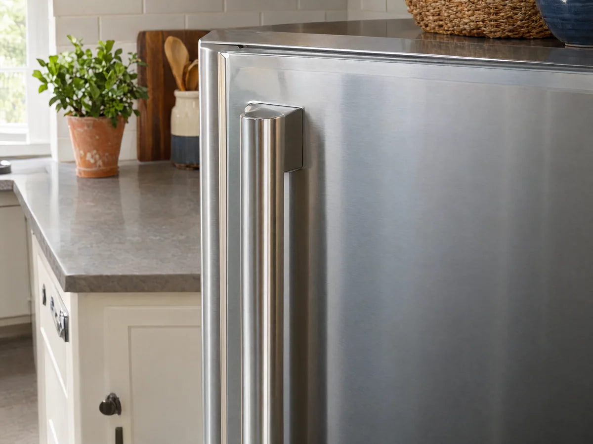 Close-up of clean stainless appliance door corner and handle with subtle genuine surface reflections, product-condition inspection context, no fake inspection badges.
