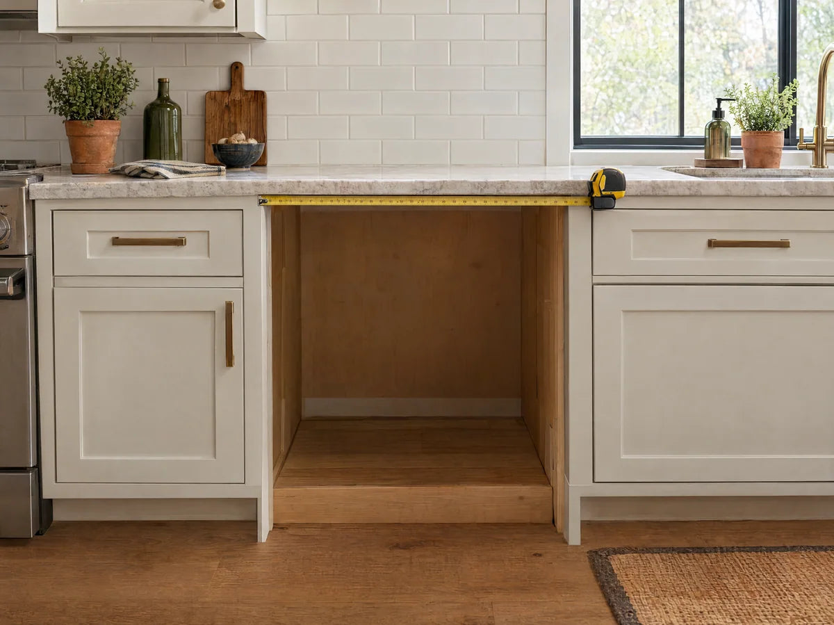 Tape measure resting across an empty under-counter appliance opening in a clean kitchen, clearly showing space to measure without readable measurements, practical renovation preparation.