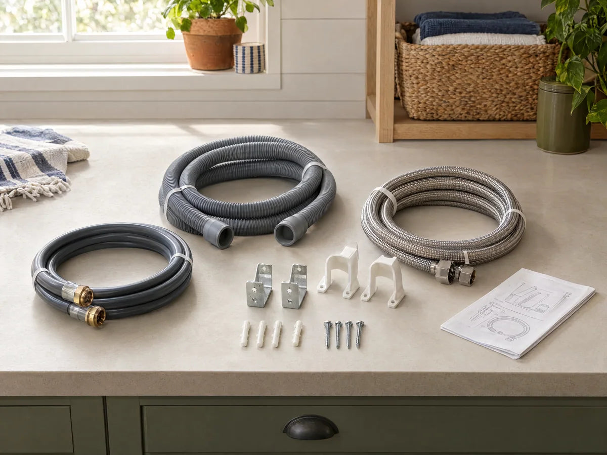 Plain appliance accessory hoses, brackets and instruction booklet neatly organized on a pale bench, hardware physically coherent, no labels or brands.