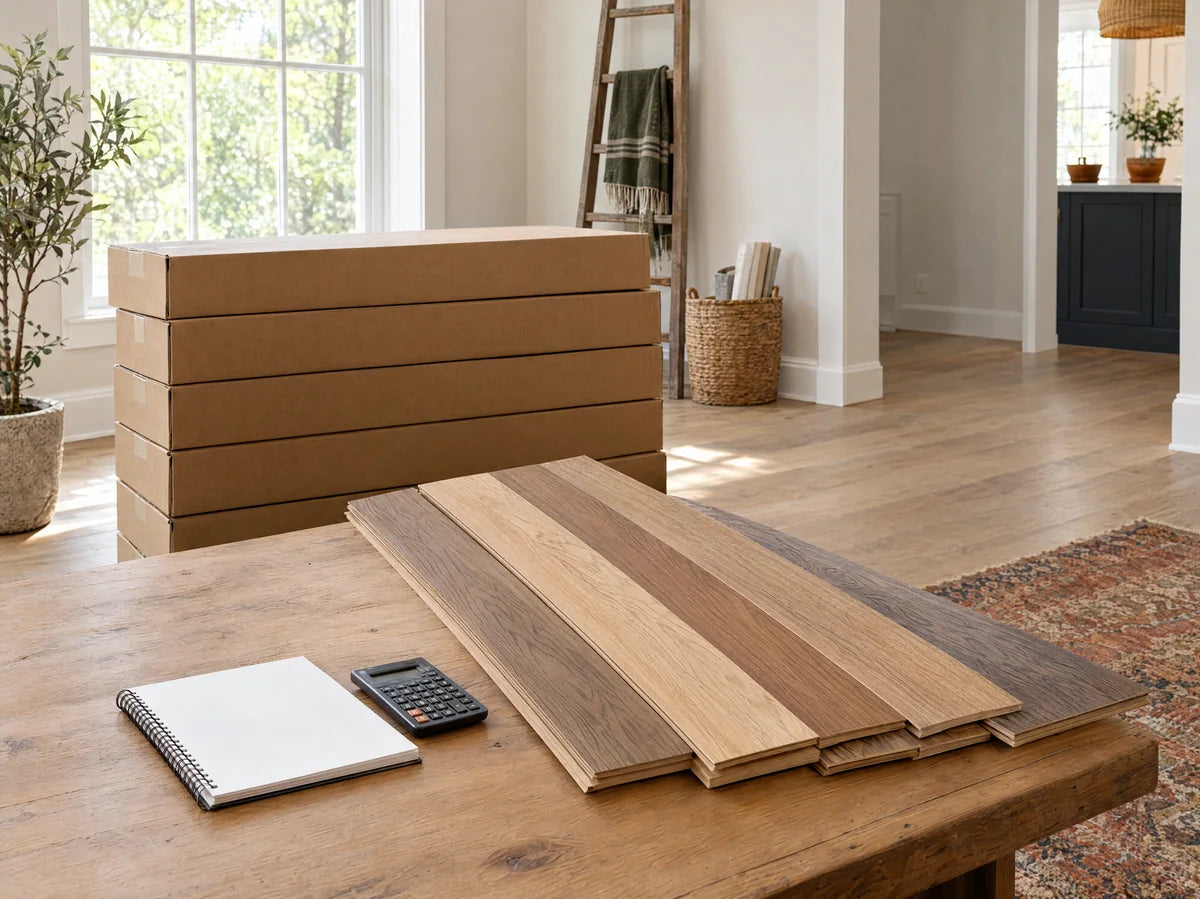 Plain unbranded flooring cartons neatly stacked beside several oak-look plank samples, a blank notebook and calculator, clean room for coverage planning, no readable writing.