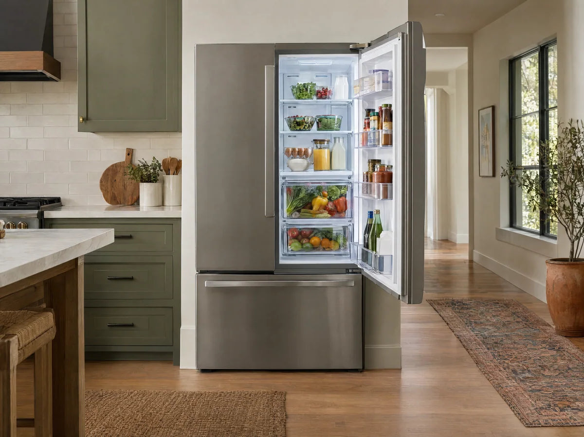 Open stainless refrigerator door in a well-planned kitchen with unobstructed adjacent walkway, practical clearance prominently visible, realistic hinge and interior shelves.
