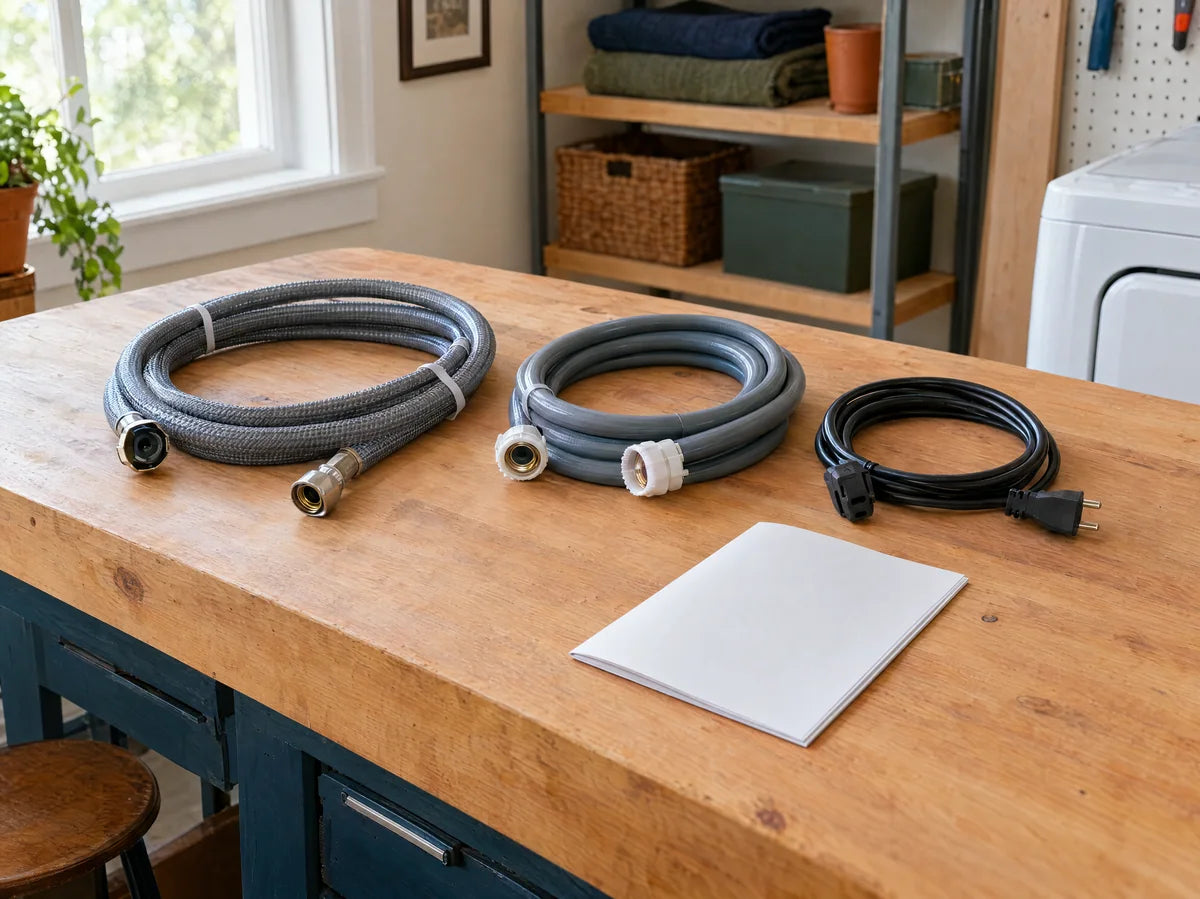 Unplugged appliance connection hoses and an unconnected cord placed neatly on a workbench beside a closed blank instruction booklet, no hands, no unsafe live electrical demonstration.