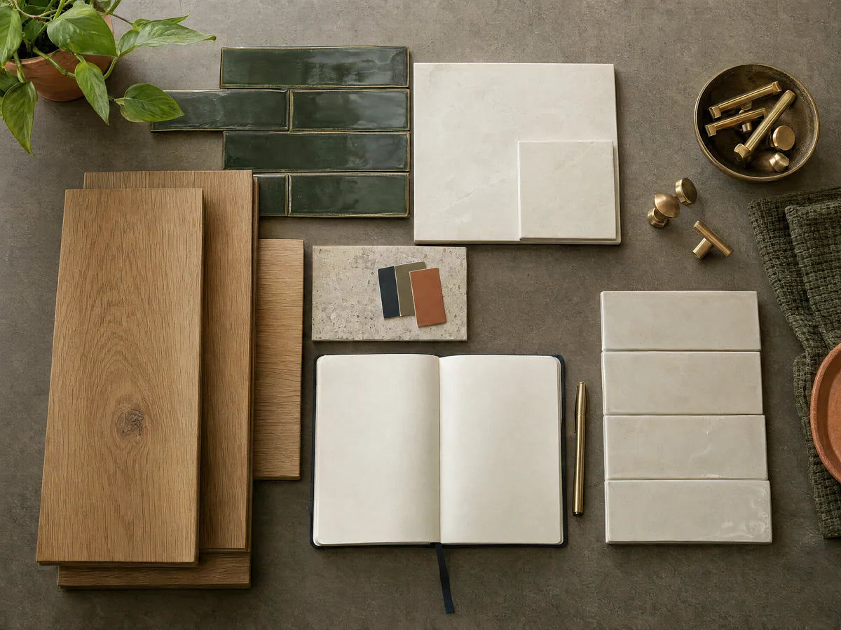 Beautiful flat lay of coordinated oak planks, ivory porcelain, green ceramic tile and brass hardware on warm gray workbench, notebook open to blank pages, home renovation material planning.