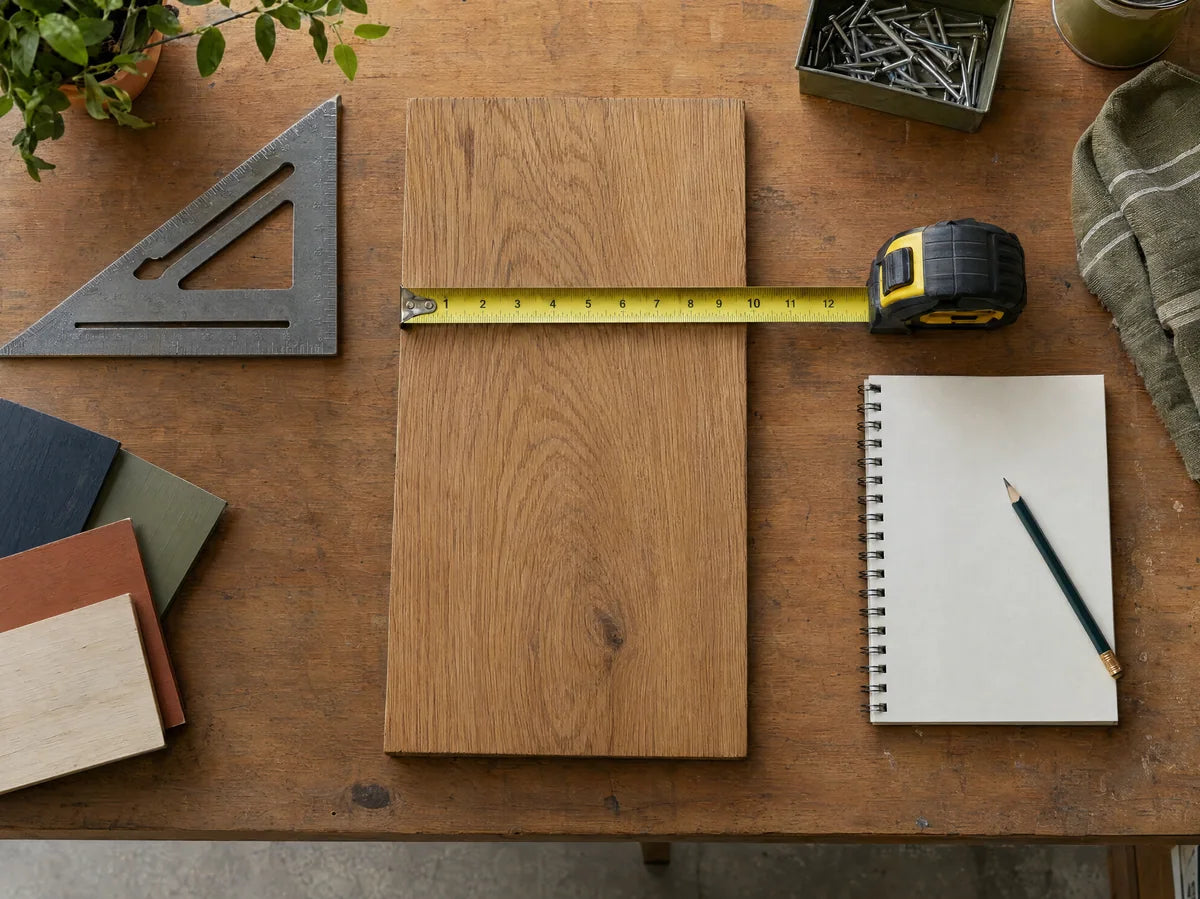 Tape measure extended across an oak plank sample beside a carpenter square and blank notebook on a workbench, accurate practical tools, clear top-down arrangement.