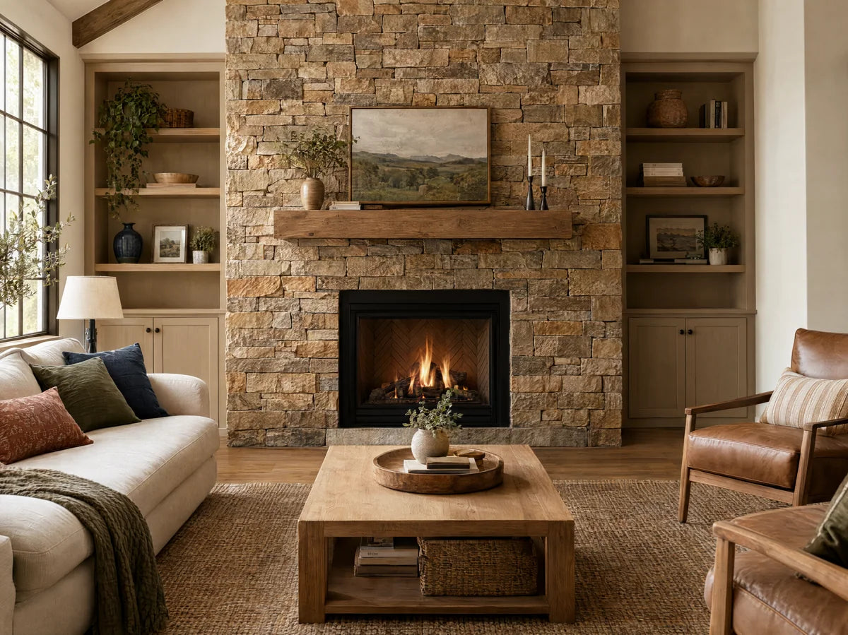 Warm textured stacked-stone accent wall framing a simple fireplace, contemporary living room with oak and linen, side light reveals natural cleft stone.