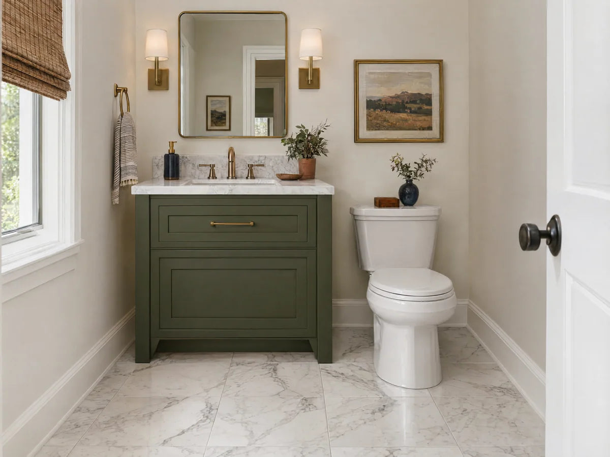 Natural white marble floor tile in a polished but attainable powder room, individually varied gray veining and narrow grout lines, elegant material-focused image.