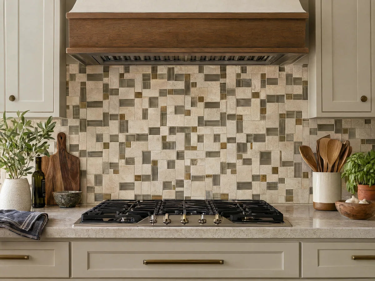 Detailed installed mosaic combining cream natural stone, translucent smoke glass and small brushed bronze pieces, clean repeating geometry on a backsplash, authentic material contrast.