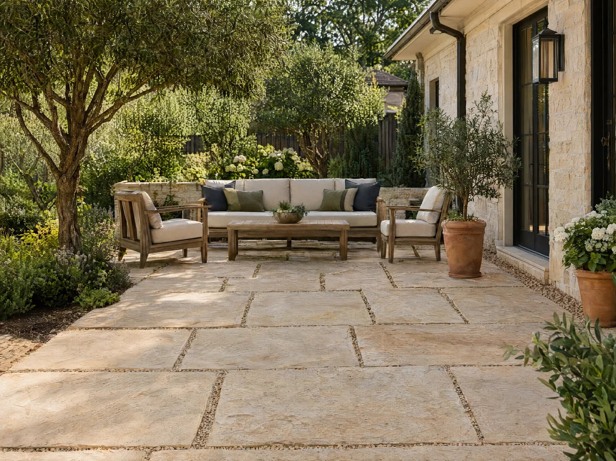 Beautiful courtyard of large natural limestone pavers separated by narrow joints, mature green planting, warm sunlight and stone surface dominating composition.