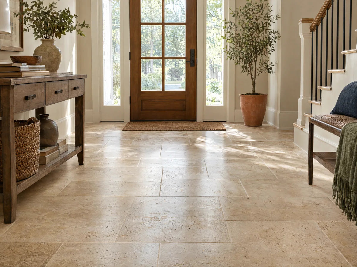 Honed warm beige travertine tile with characteristic pores and organic linear movement in a sunlit entry, close perspective showing real stone variation.