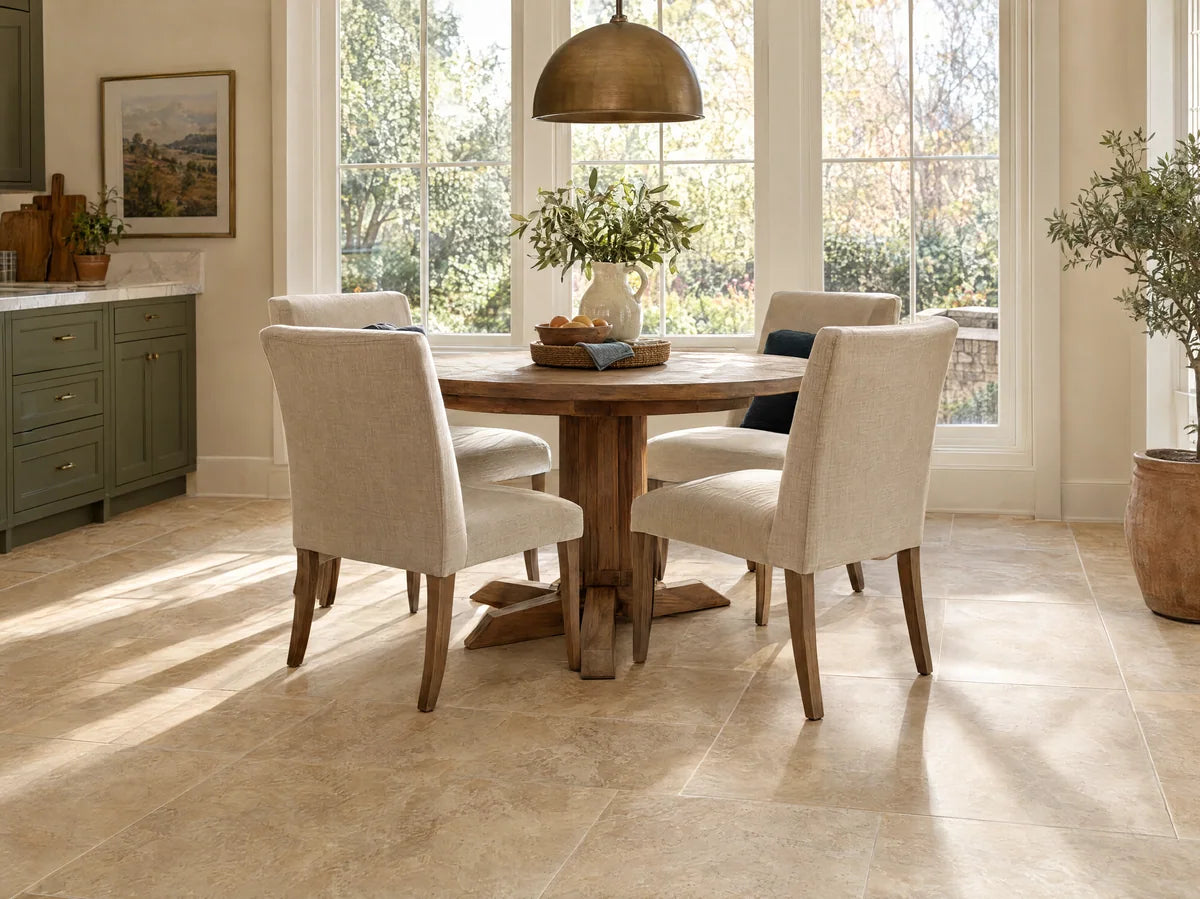 Warm beige porcelain tile floor in a welcoming breakfast nook with linen chairs, cream walls and sunlight revealing natural stone-inspired surface.