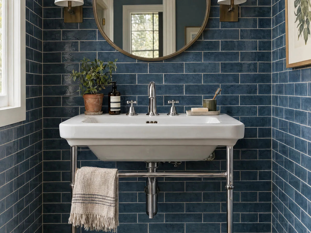 Powder room wall with richly colored blue ceramic tile, white sink and chrome tap; carefully resolved running-bond tile pattern and authentic fired glaze.