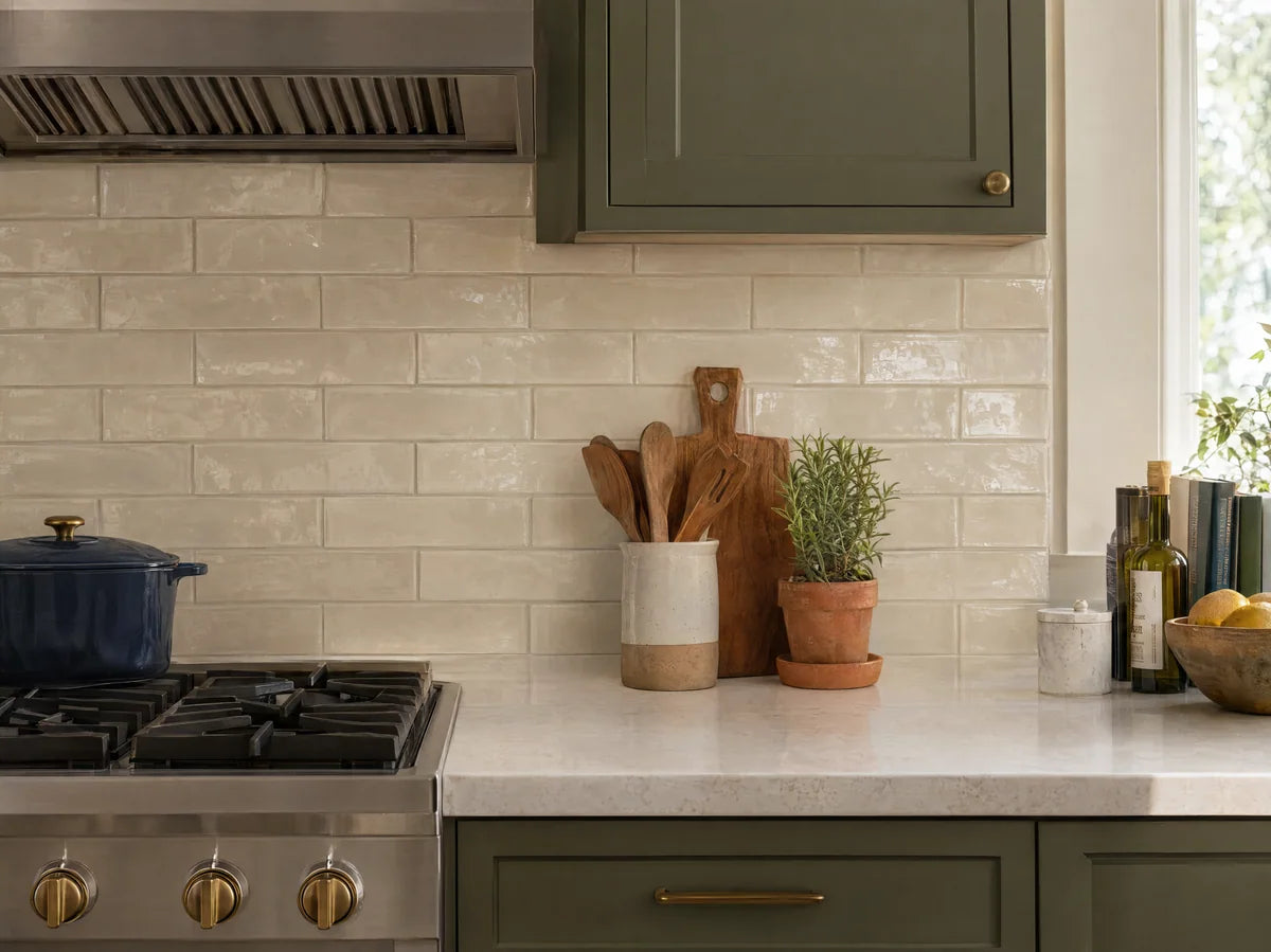 Installed glossy cream ceramic subway tile on a kitchen backsplash, soft reflected daylight, delicate handmade-looking glaze, clean worktop edge.