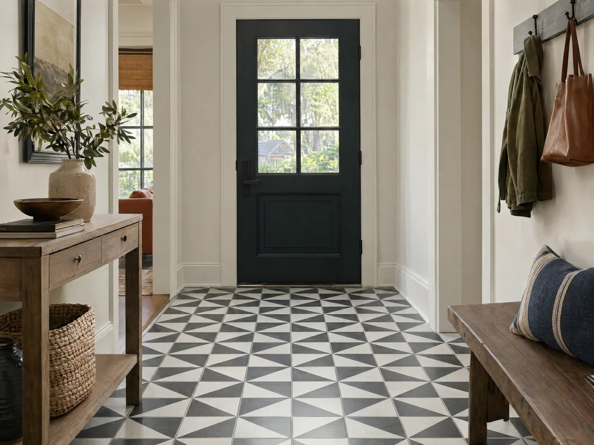 Graphic black-and-white geometric porcelain tile floor in a small stylish entry, dark door and restrained decor; sharp consistent pattern and real grout.
