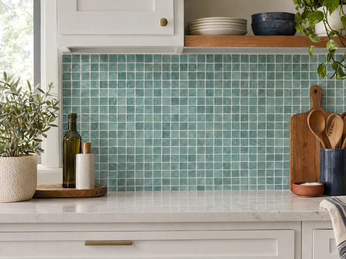 Close-up of translucent sea-glass teal mosaic tile backsplash, luminous glass edges, small regular tiles, white grout and side light, no excessive glare.