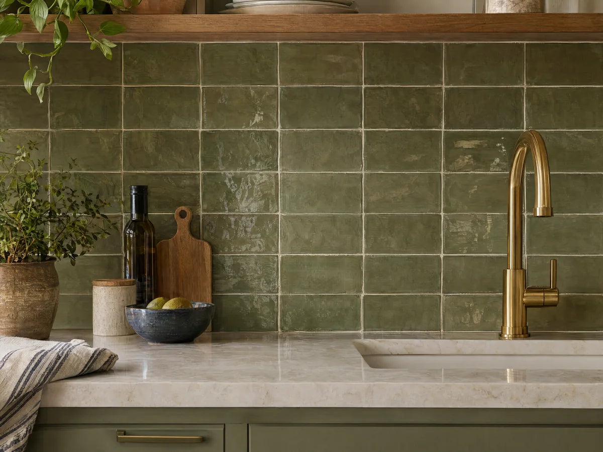 Macro-interior photograph of glossy irregular-edge sage zellige-look ceramic tile backsplash, variable glaze and gentle ripples, brass tap at one edge, diffuse natural light.