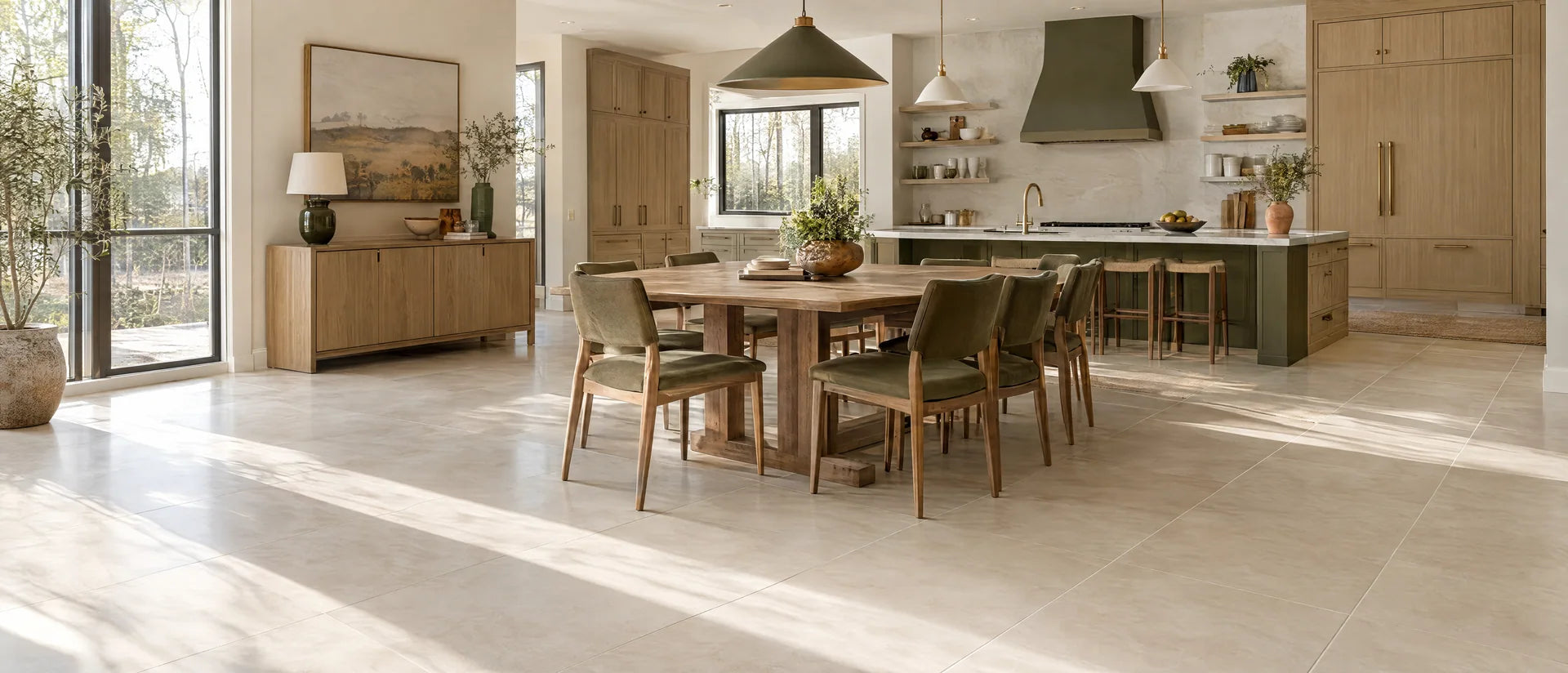 An airy contemporary Georgia home dining room and kitchen with expansive ivory porcelain floor tile, pale oak cabinetry, deep olive accents, dramatic morning sunlight across crisp grout lines