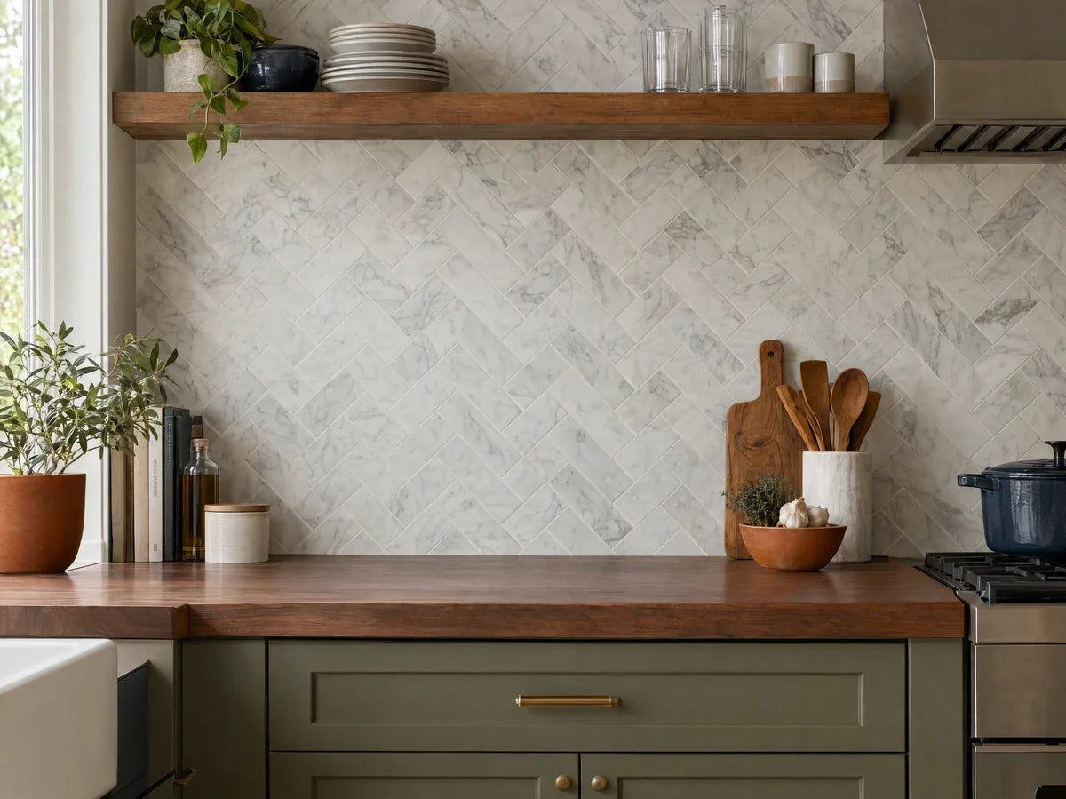 Elegant white and pale gray marble mosaic backsplash arranged in a meticulous herringbone pattern, walnut counter edge, realistic stone veining and grout.