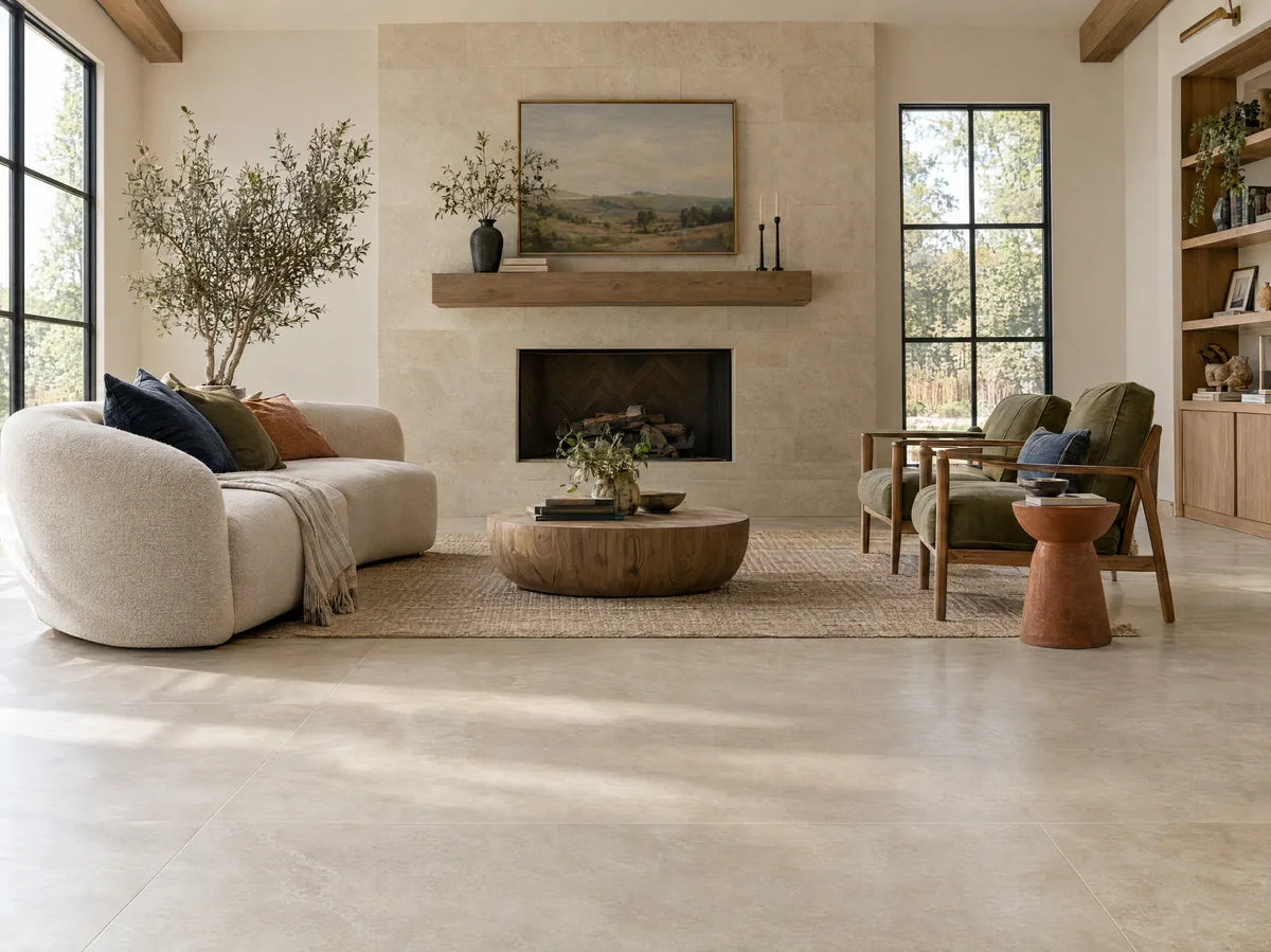 Spacious sunlit living room with very large limestone-look porcelain slabs and minimal precise grout, pale sculptural sofa at edge, expansive uncluttered tiled foreground.