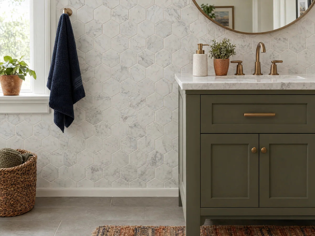 Close photograph of genuine white marble hexagonal mosaic installed beside a vanity, delicate gray veins varying by piece, crisp neutral grout and rich material texture.