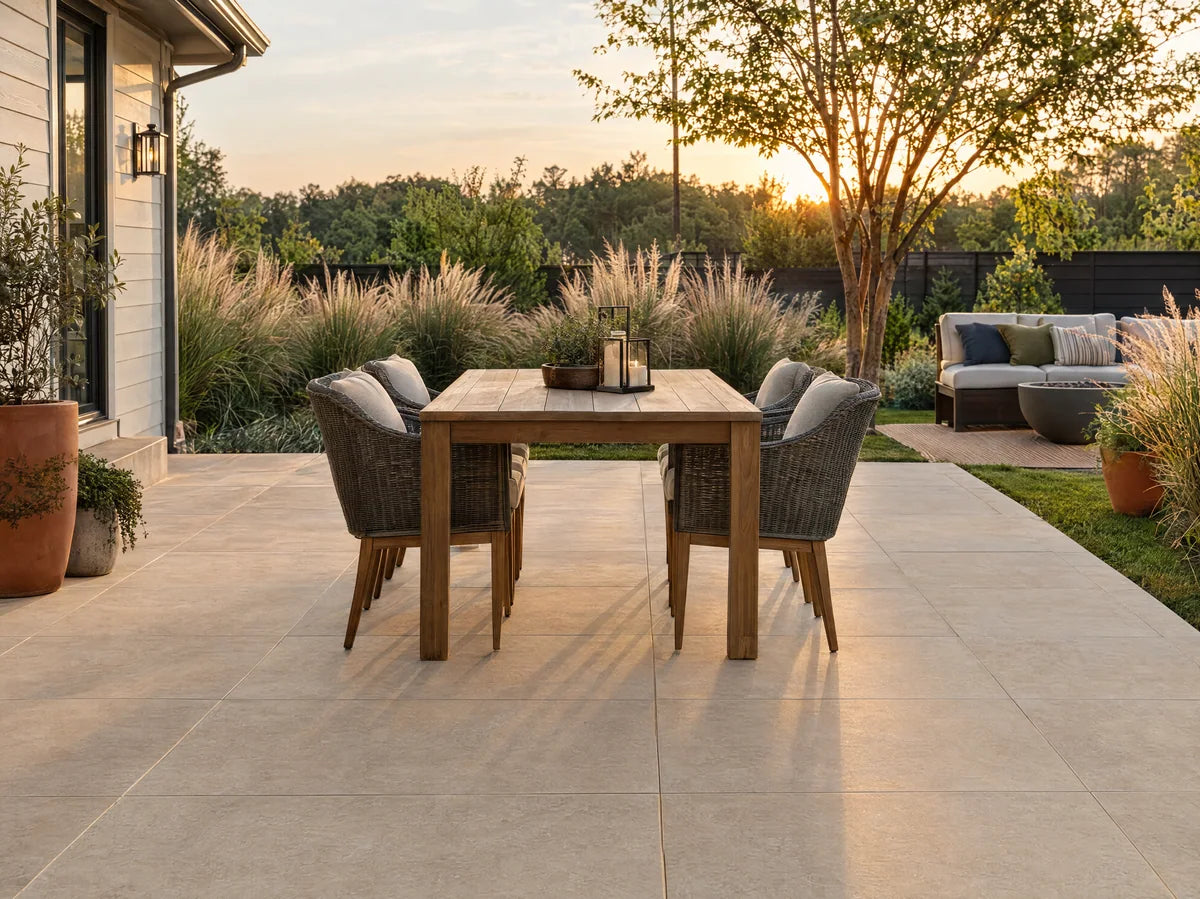 Contemporary backyard patio with beige outdoor porcelain pavers laid in a precise grid, landscaped grasses and outdoor dining furniture, warm late-afternoon light.
