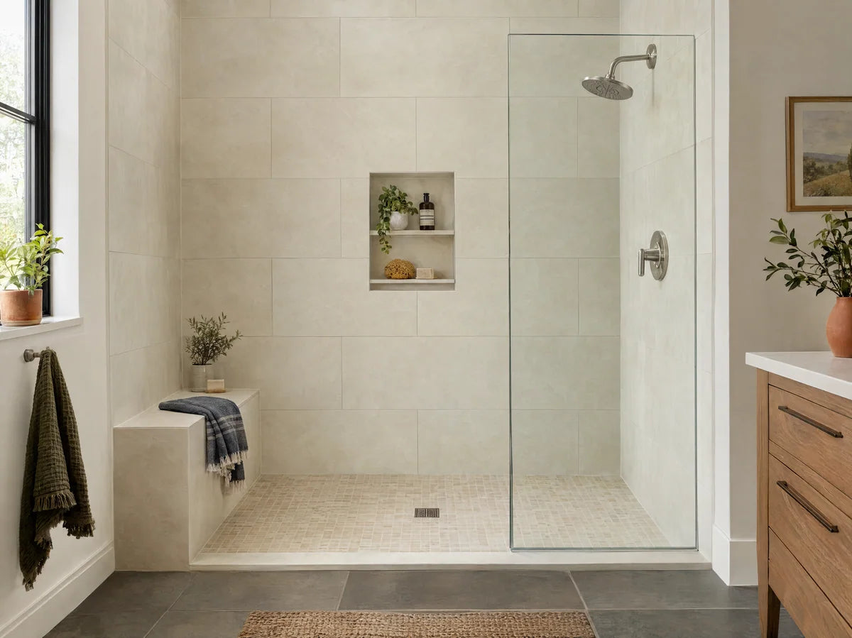 Bright walk-in shower with large-format ivory porcelain wall tile, small mosaic floor sloped toward a drain, single clear glass panel, brushed nickel fixtures; physically credible waterproof wet room.