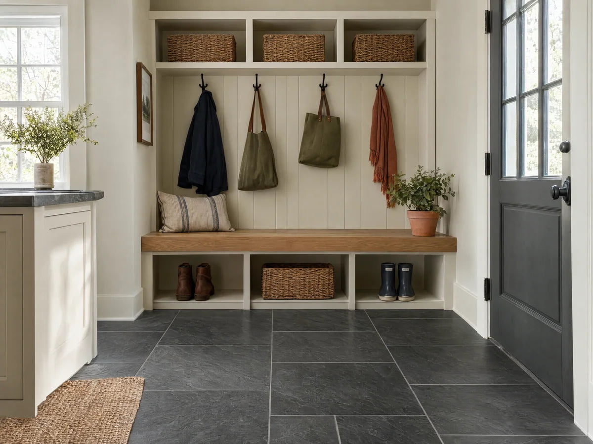 Slate-look charcoal porcelain floor tiles in a bright mudroom, subtle cleft-style printed texture and straight gray grout lines, oak bench.