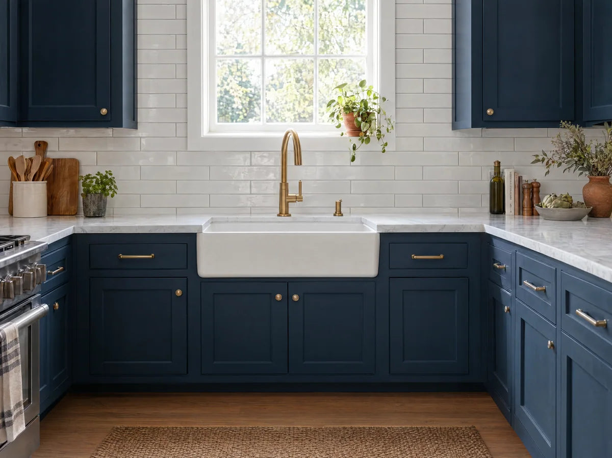 Fresh kitchen vignette with elongated white subway tiles in running bond, light gray grout, navy cabinetry and warm brass faucet, crisp daylight.