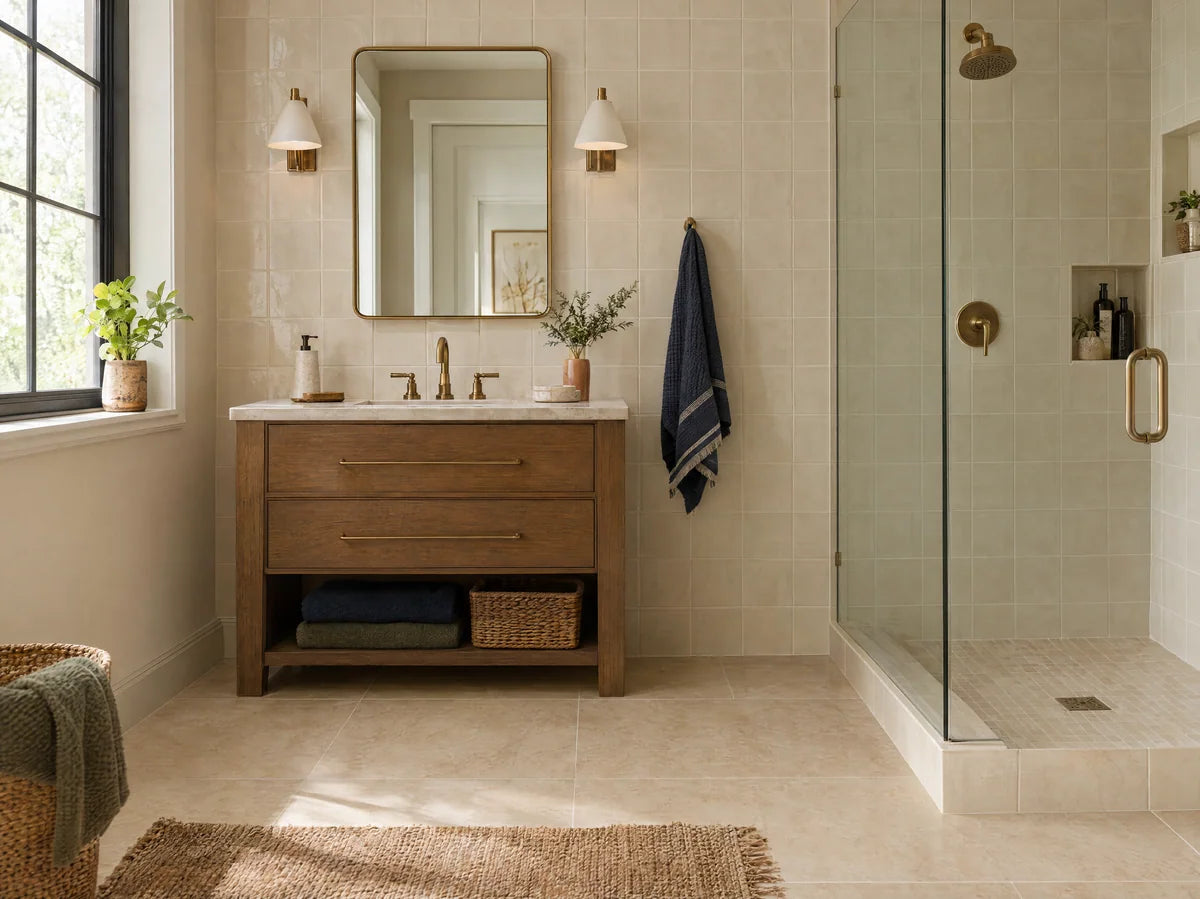 Close architectural vignette pairing warm ivory square wall tile with pale beige floor tile and cream grout, subtle tonal variation in a contemporary bathroom corner.