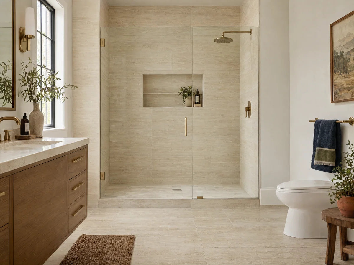 Travertine-look porcelain floor and shower wall tiles in warm ivory with restrained linear striations, clean contemporary bathroom and understated brass details.