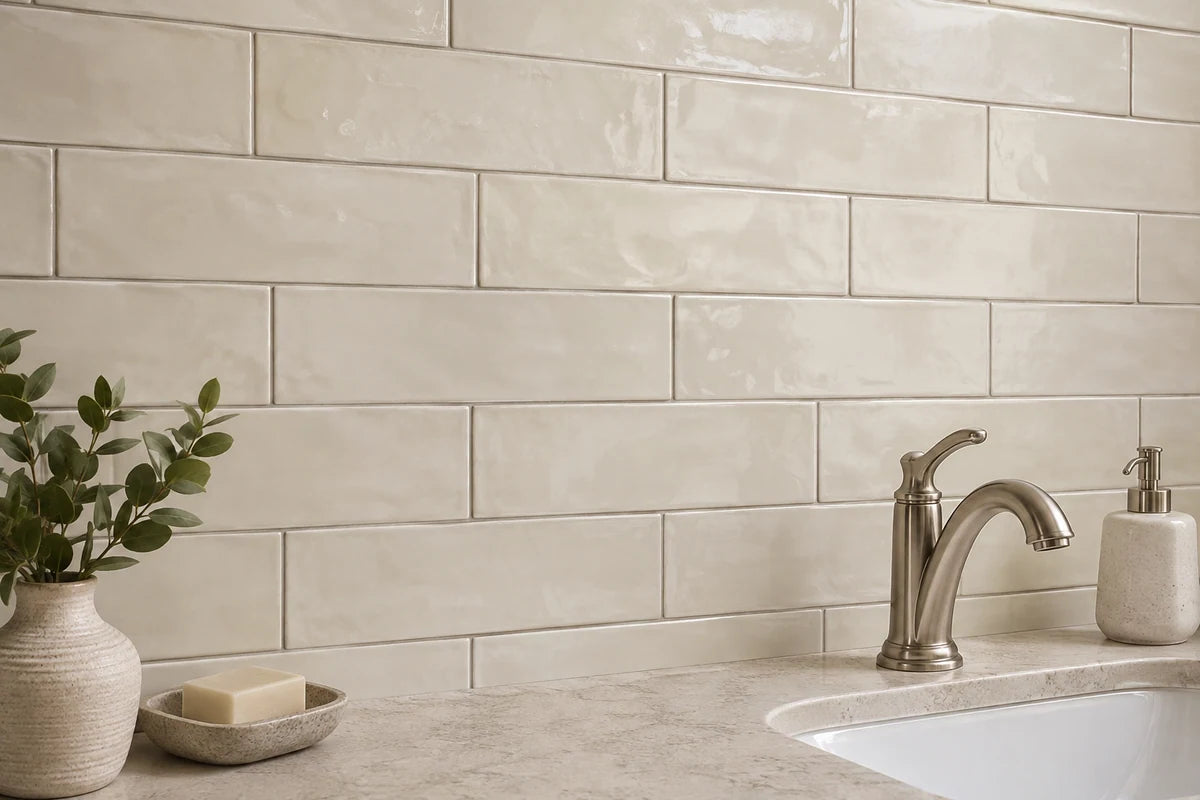Ivory ceramic subway tile backsplash with fine grout above a bathroom sink and brushed nickel faucet
