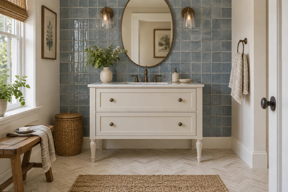 Blue tiled bathroom with a freestanding cream vanity and herringbone floor