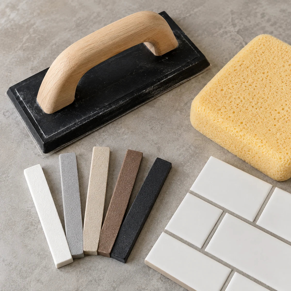 Grout float, sponge and five neutral grout-color samples on a workbench