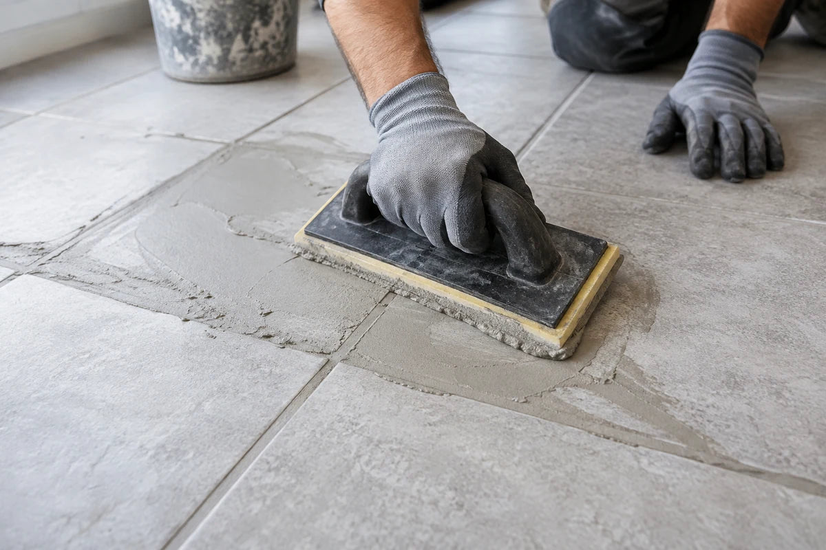 Gloved installer applying grout between gray floor tiles with a rubber float